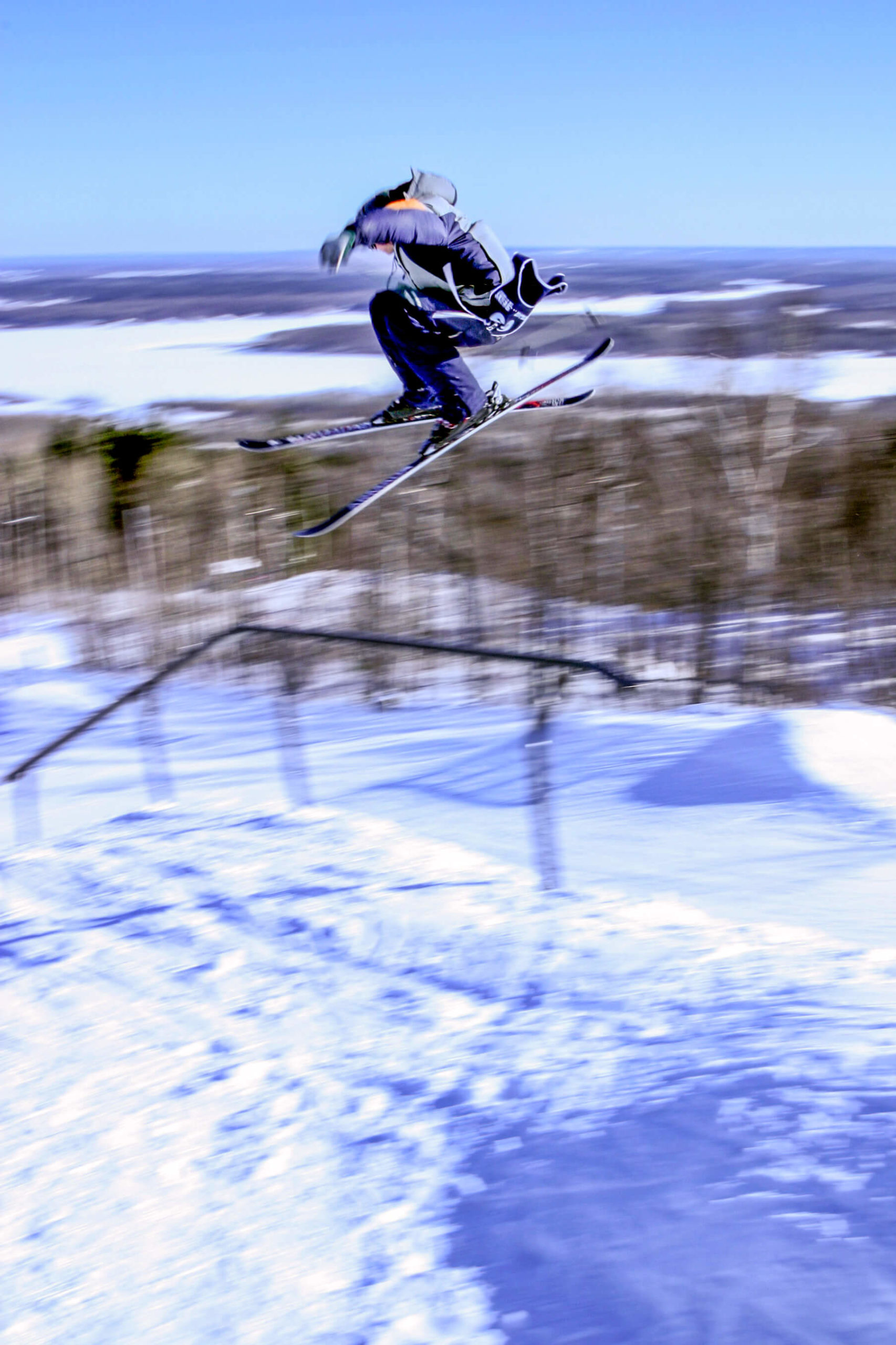 Lance with a disaster onto a flat down rail during the 2004 Midwest Skier Open